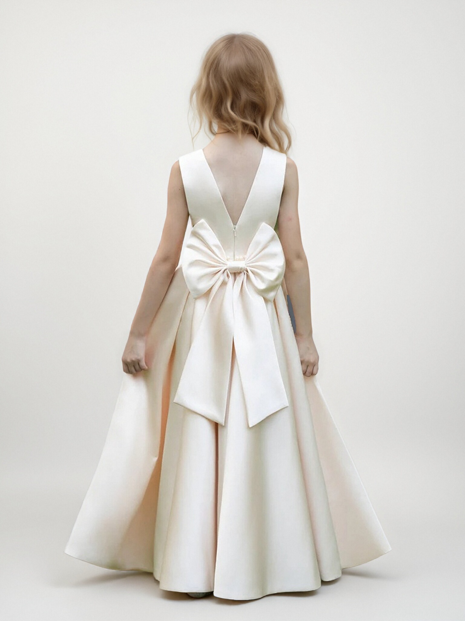 Jirocum Crew Neck Satin Flower Girl Dresses with Pearls & Bowknot OffWhite