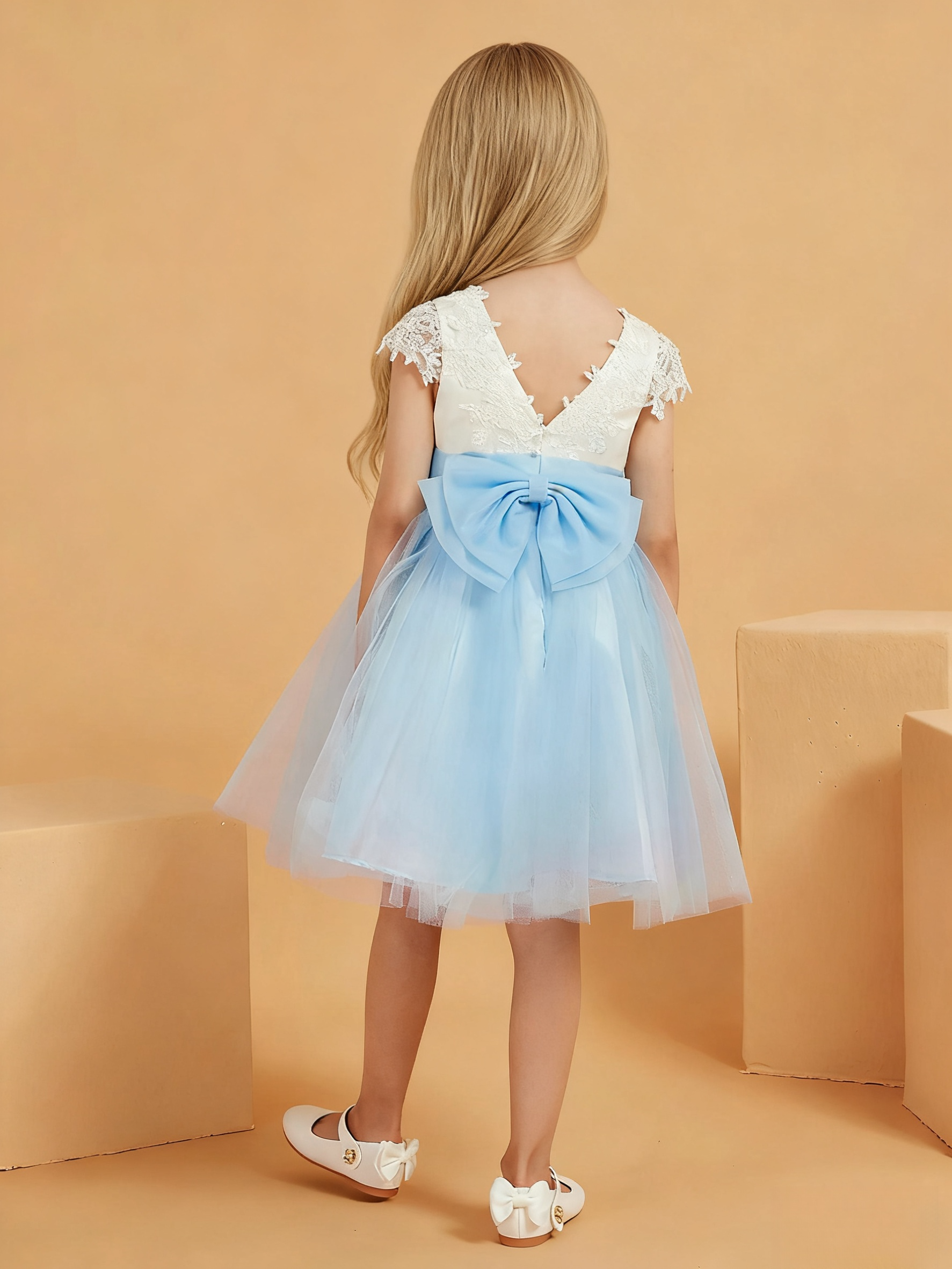 Jirocum A-line Scoop Knee-Length Satin Tulle Flower Girl Dress Sky Blue