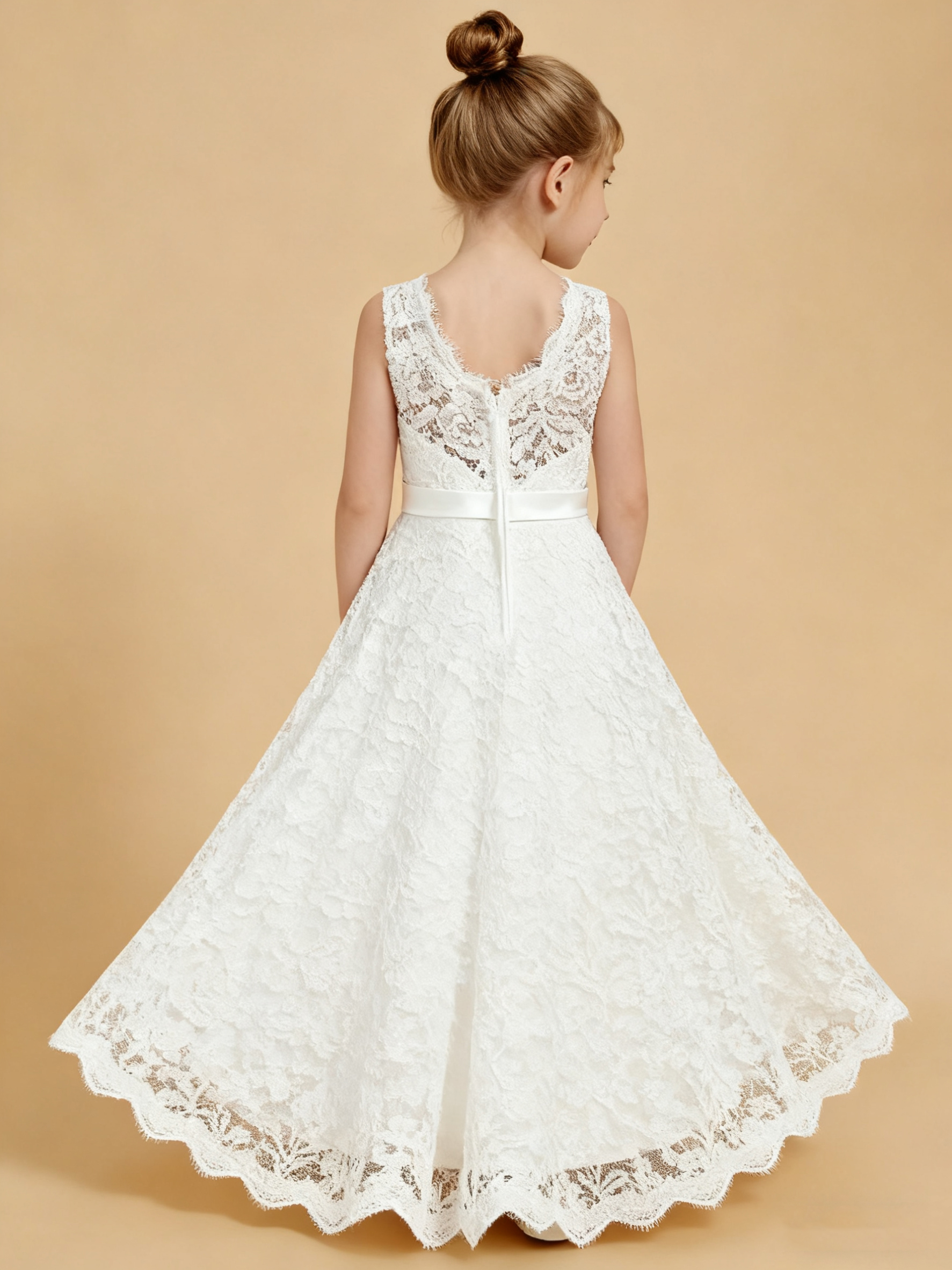Jirocum Elegant Flower Girl Dresses with Lace Applique and Illusion Neck Ivory