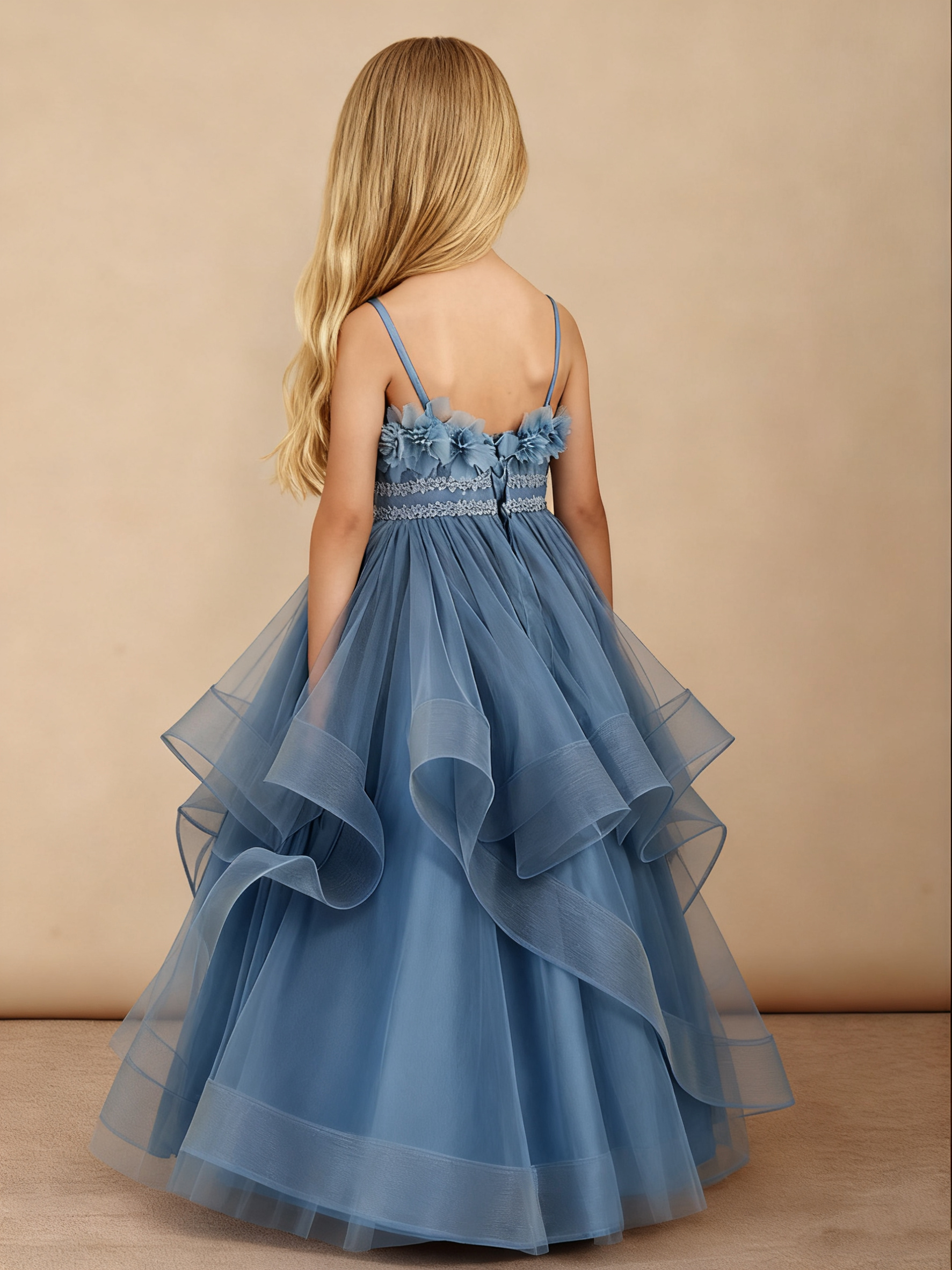 Jirocum Floral Applique Tiered Tulle Long Flower Girl Dress Slate Blue 2