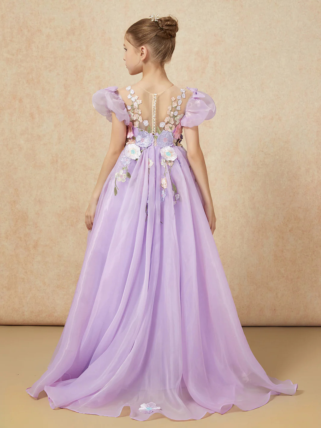 Jirocum Floral Appliqued Illusion Neck Cap Sleeve Girls Dresses Lilac