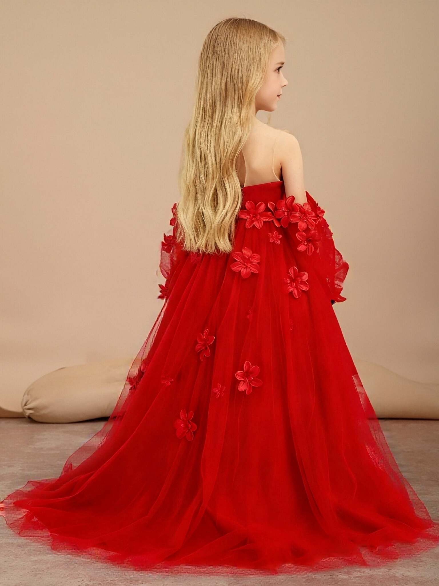 Jirocum Illusion Long sleeves Floral Applique Flower Girl Dress Red