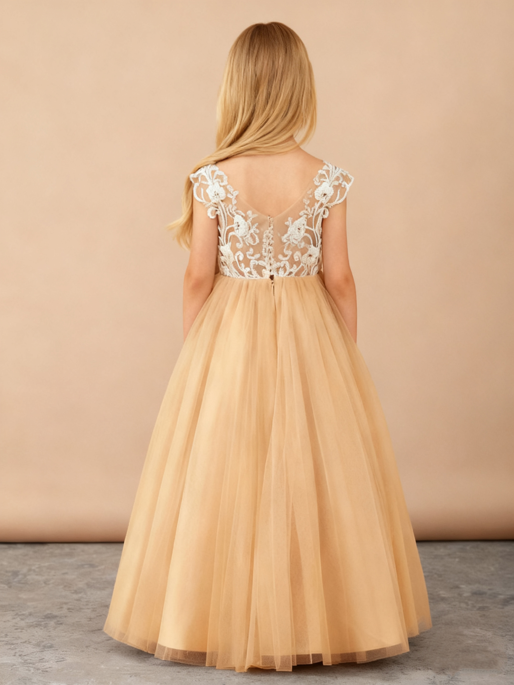 Jirocum Lace Petal Fairy Illusion Neckline Flower Girl Dress Champagne