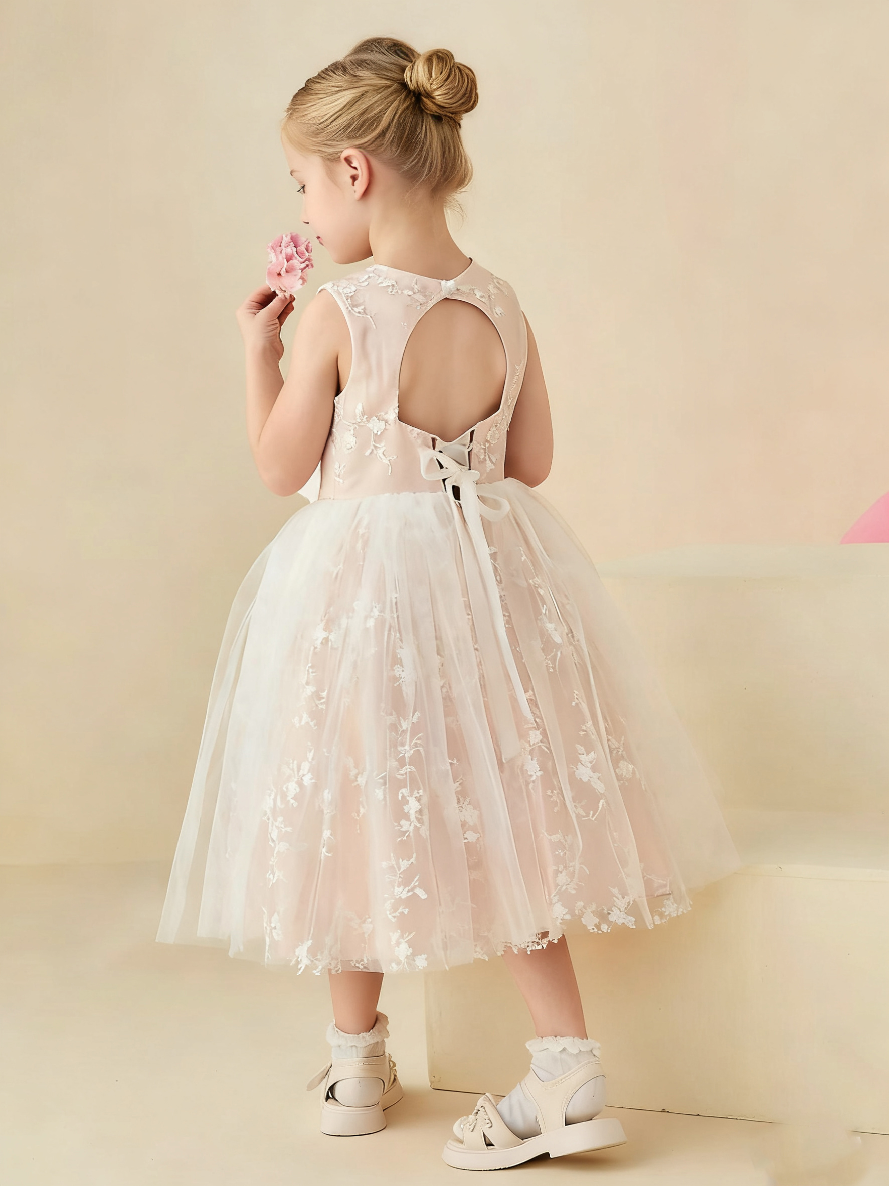 Jirocum Lace Sleeveless Ruched Tulle A-line Flower Girl Dress Blushing Pink