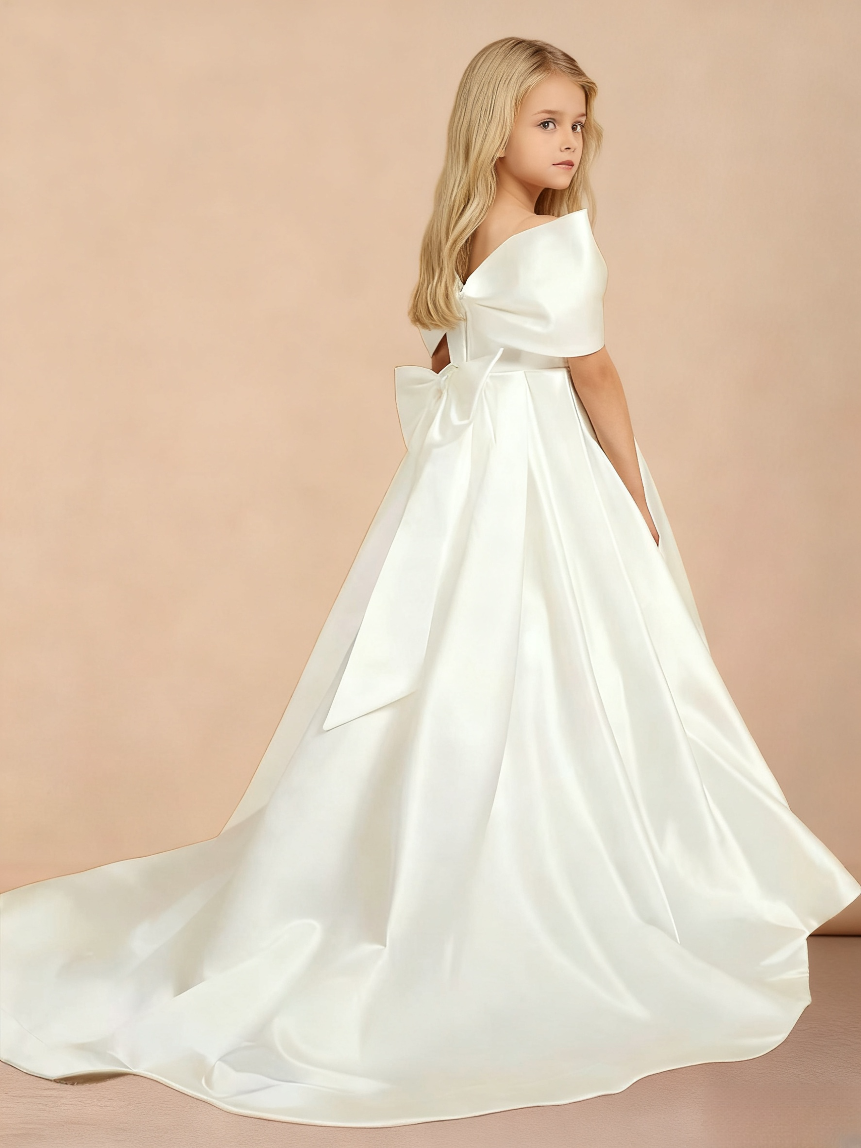 Jirocum Off-the-shoulder Long Flower Girl Dress With Bow Ivory