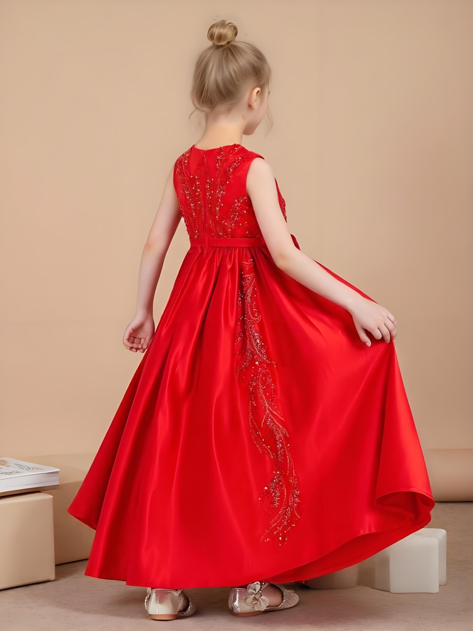 Jirocum Sleeveless Beaded Satin Floor-length Flower Girl Dress Red