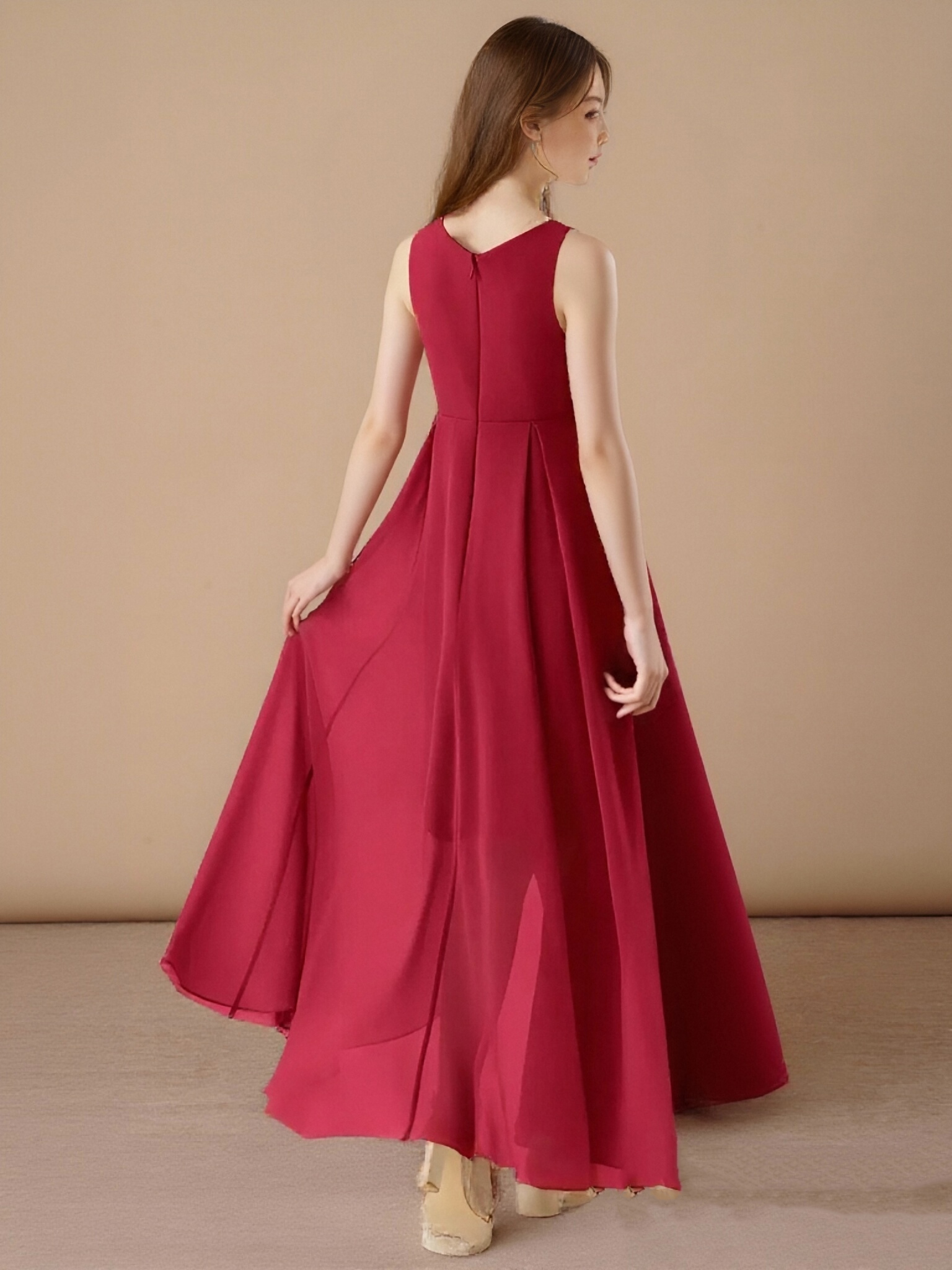 Jirocum A-Line Pleated Chiffon Dress Scarlet