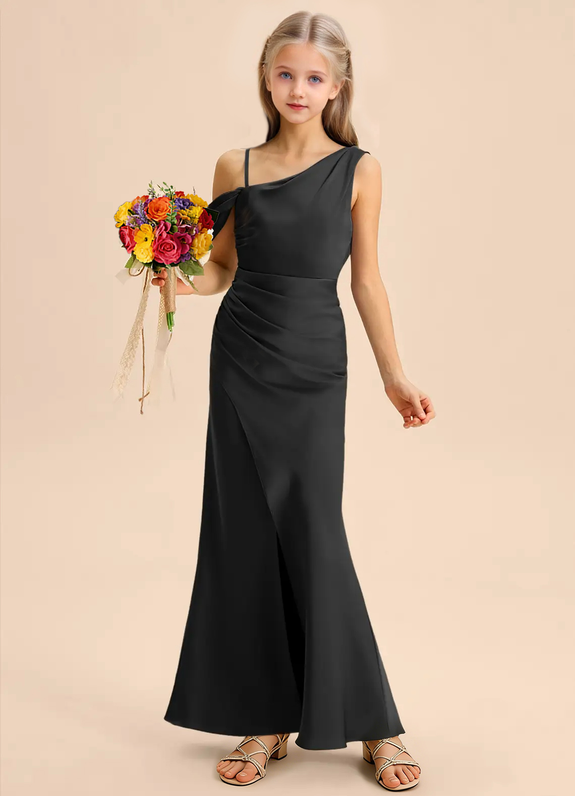 Jirocum Madelyn Junior Bridesmaid Dresses Sheath Off the Shoulder Stretch Satin Dress Black (6)