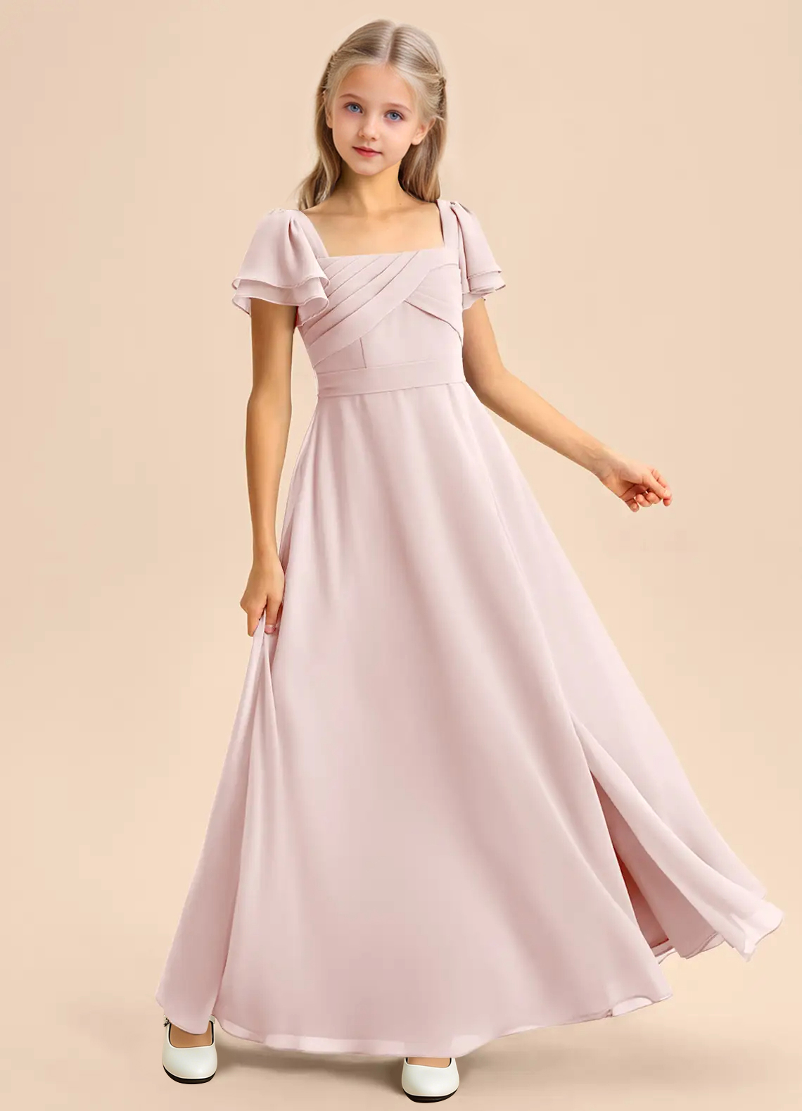 Jirocum Azey Junior Bridesmaid Dresses A-Line Ruched Chiffon Dress Blushing Pink