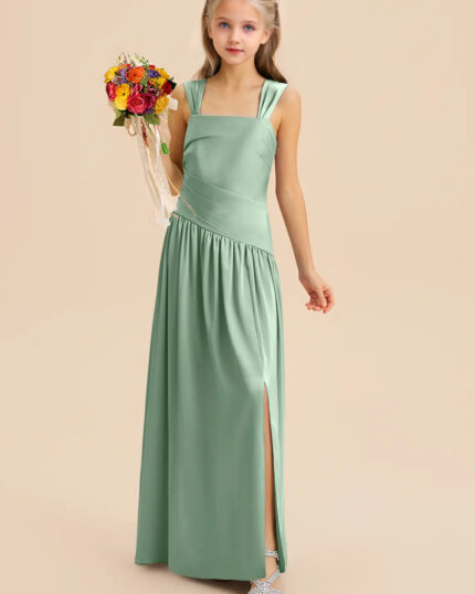 Jirocum Dotty Junior Bridesmaid Dresses A-Line Pleated Stretch Satin Dress