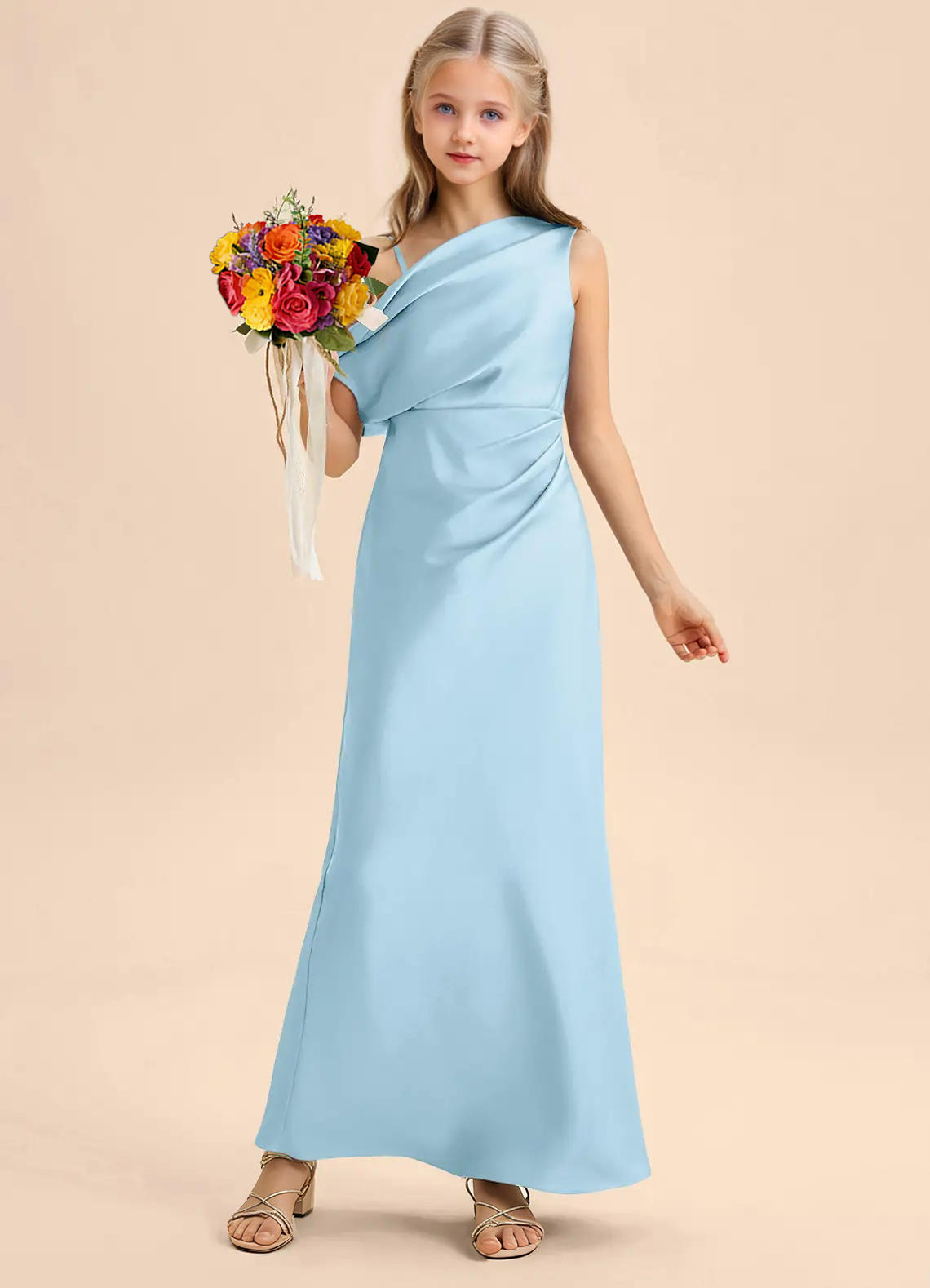 Jirocum Emerson Junior Bridesmaid Dresses Sheath Off the Shoulder Stretch Satin Dress Sky Blue
