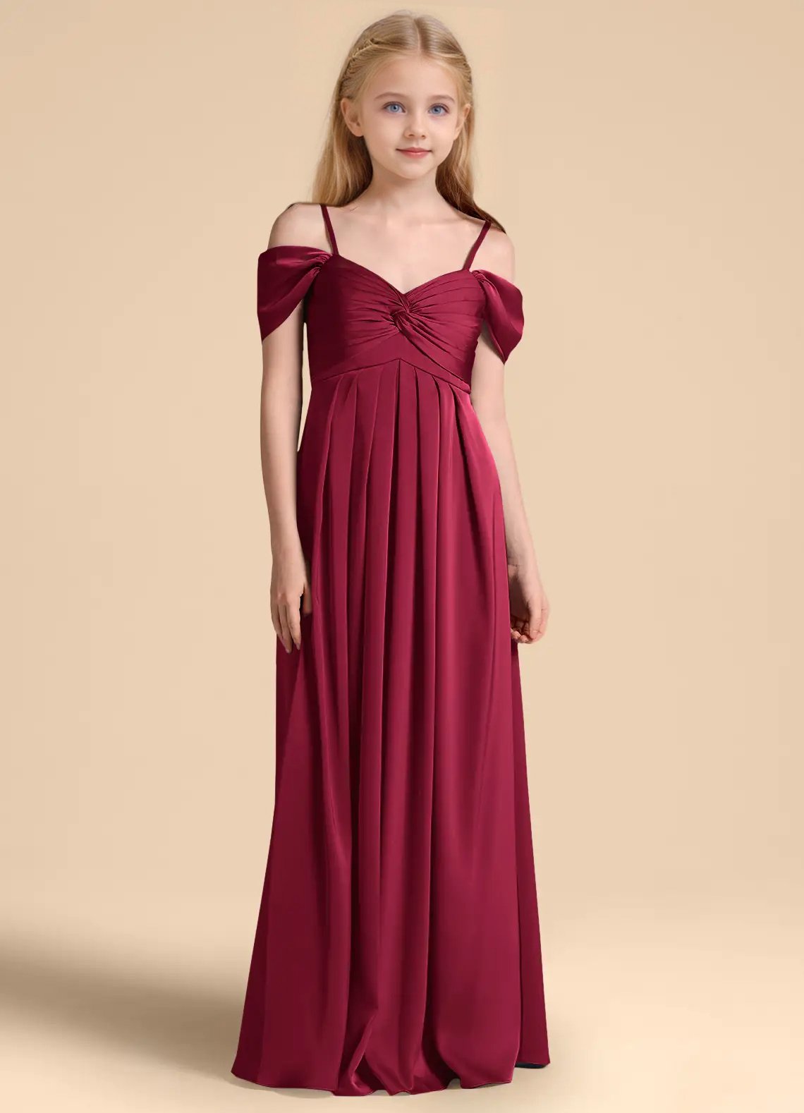 Jirocum Kaitlynn Junior Bridesmaid Dresses A-Line Off the Shoulder Stretch Satin Dress Burgundy